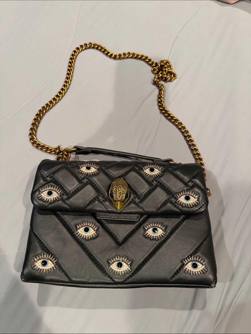 Kurt Geiger Black Quilted Evil Embellished Shoulder Bag with Gold Chain